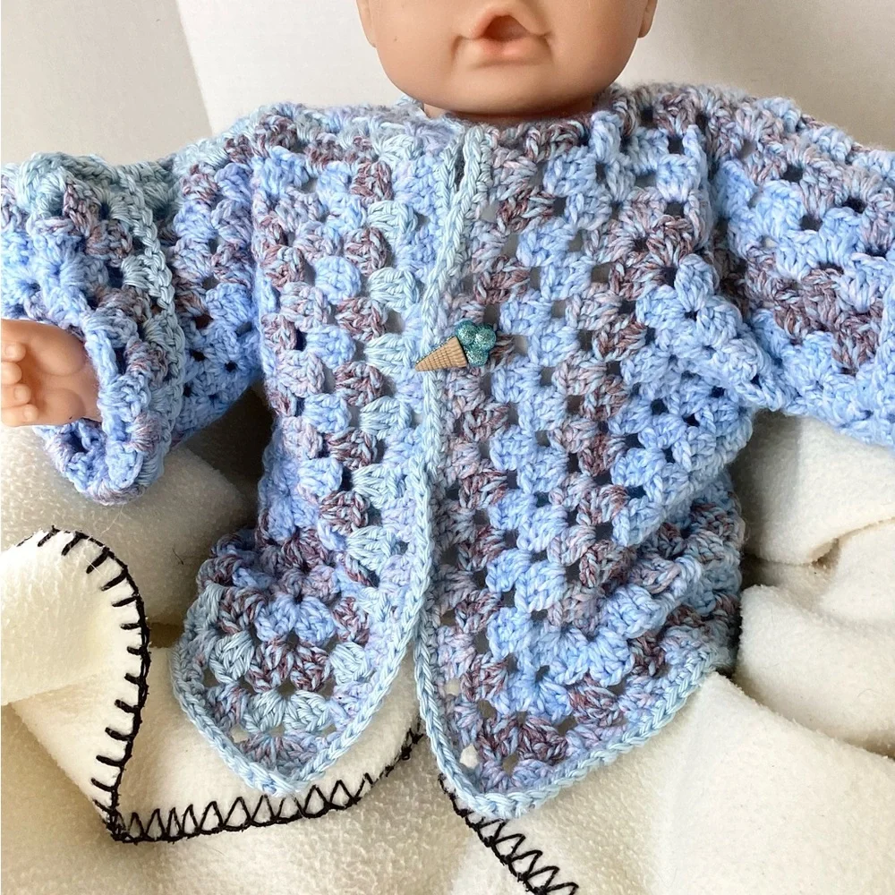 Sweater Beanie Hat Set Hand Crafted Baby Blue Tan Kimono